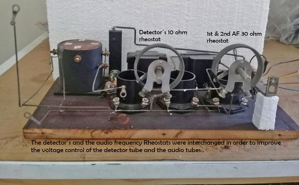 The detector's and the audio frequency Rheostats were interchanged